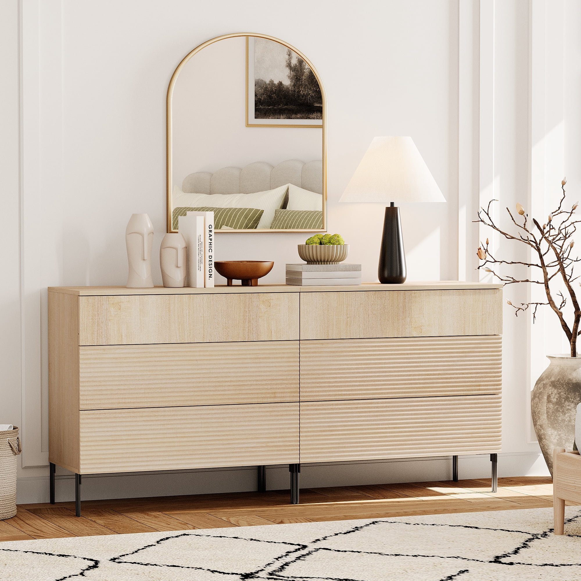 3 Drawer Reeded Dresser for Bedroom Set of 2, Minimalist Modern Chest of Drawers, Wood Storage 6 Drawer Dresser Organizer for Bedroom Living Room Hallway Closet