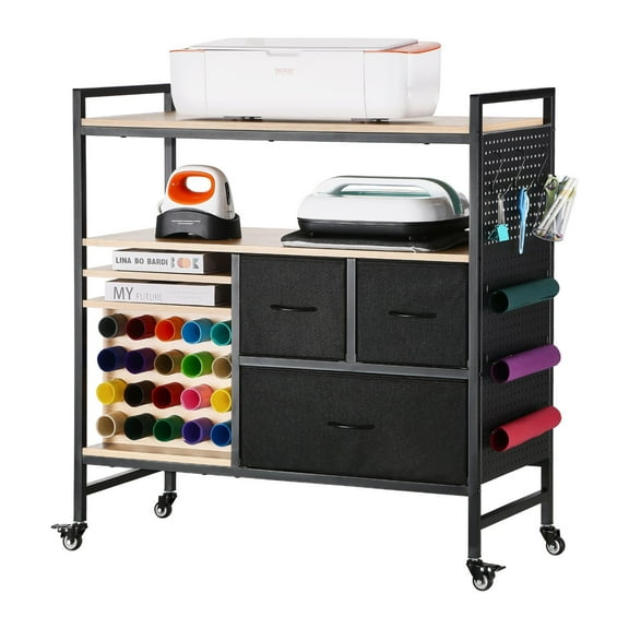 3-Drawer Rolling Craft Cart with 20 Vinyl Roll Holders  Mobile Storage Table for Cricut, Silhouette & DIY Projects  Black Organizer with Wheels for Scrapbooking, Arts & Crafts Supplies