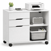 3-Drawer Rolling File Cabinet with Large Open Storage Shelves, Lateral Mobile Printer Stand for Home Office, White-Wash Finish, 30.7" L x 15.2" W