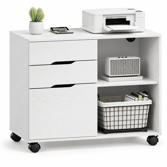 3-Drawer Rolling File Cabinet with Large Open Storage Shelves, Lateral Mobile Printer Stand for Home Office, White-Wash Finish, 30.7" L x 15.2" W