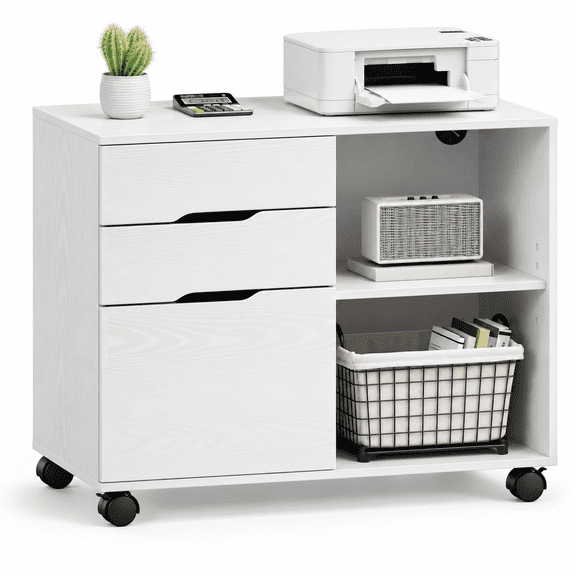 3-Drawer Rolling File Cabinet with Large Open Storage Shelves, Lateral Mobile Printer Stand for Home Office, White-Wash Finish, 30.7" L x 15.2" W
