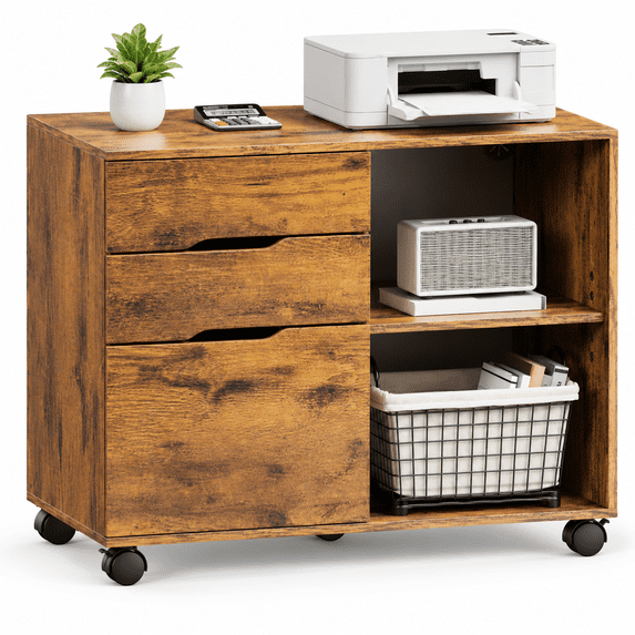 3-Drawer Rolling File Cabinet with Large Open Storage Shelves, Lateral Mobile Printer Stand for Home Office, White-Wash Finish, 30.7" L x 15.2" W