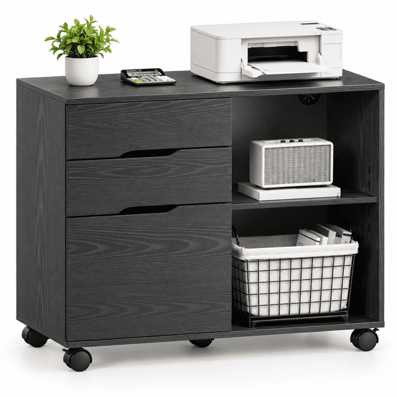 3-Drawer Rolling File Cabinet with Large Open Storage Shelves, Lateral Mobile Printer Stand for Home Office, White-Wash Finish, 30.7" L x 15.2" W