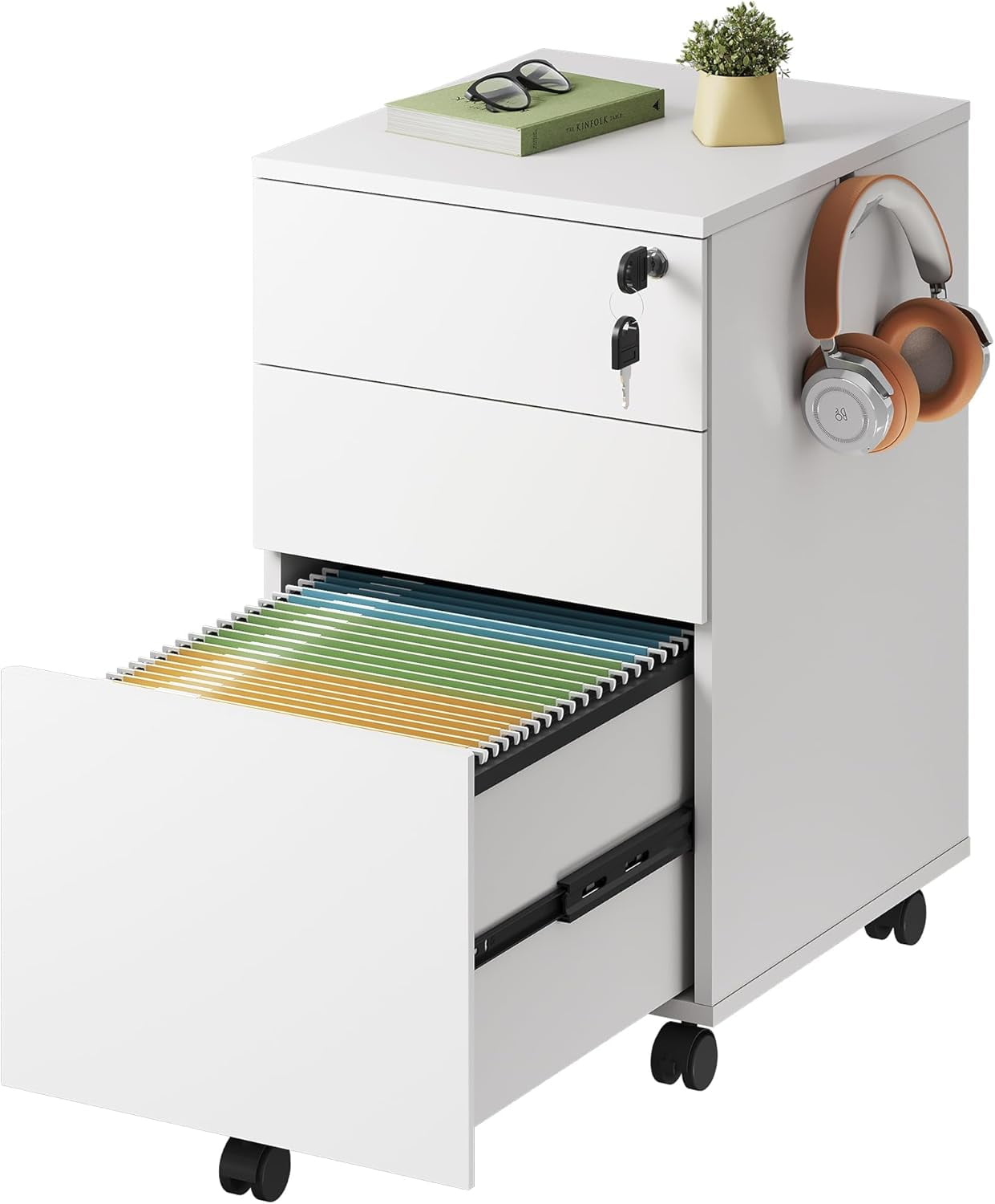 3 Drawer Rolling File Cabinet with Lock, Wood Under Desk Filing Cabinet ...