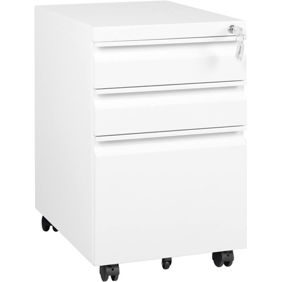 3 Drawer Rolling Metal Locking File Cabinet White
