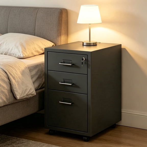 Novolume 3 Drawer Rolling Metal Nightstand, Mobile Storage Bedside Table for Bedroom & Home Office Adults