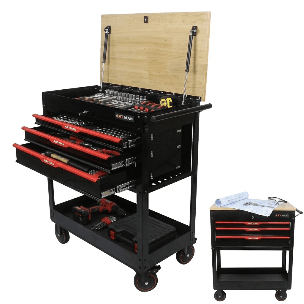 3-Drawer Rolling Tool Cart with Solid Oak Worktop, 400lbs Capacity ...