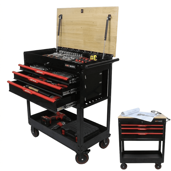 3-Drawer Rolling Tool Cart with Solid Oak Worktop, 400lbs Capacity Mobile Tool Box Organizer, Heavy-Duty Mechanic Utility Cart with Gas Struts, Locking Drawer, Black&Red