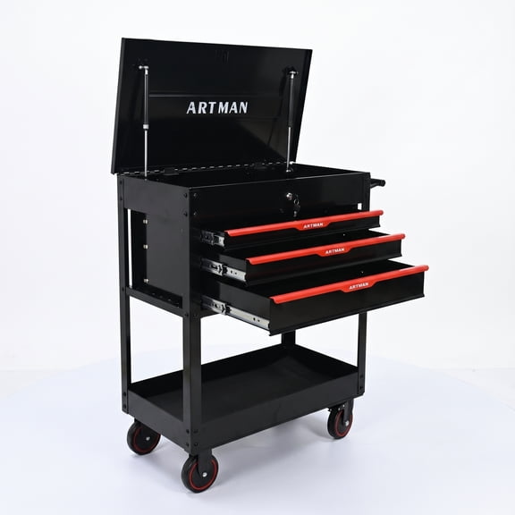 3-Drawer Rolling Tool Cart with steel Worktop, 400lbs Capacity Mobile Tool Box Organizer, Heavy-Duty Mechanic Utility Cart with Gas Struts, Locking Drawer, Black&Red