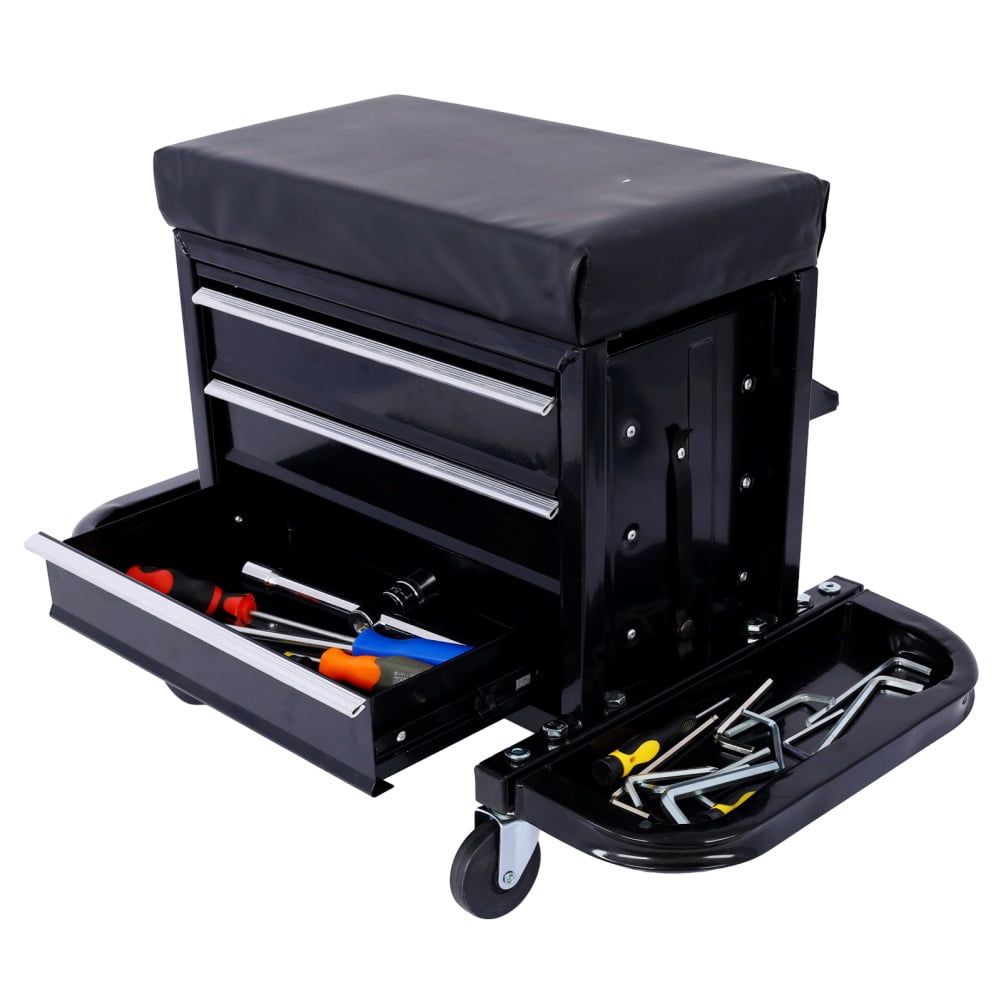 3Drawer Rolling Tool Chest Seat, Rolling Mechanic Seat with Tool Trays