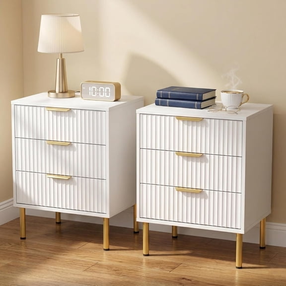 3-Drawer Set of 2 Nightstand with Gold Legs, Fluted Bedside Table with Luxe Gold Handles, Accent Side Table with Metal Base for Bedroom and Living Room, White