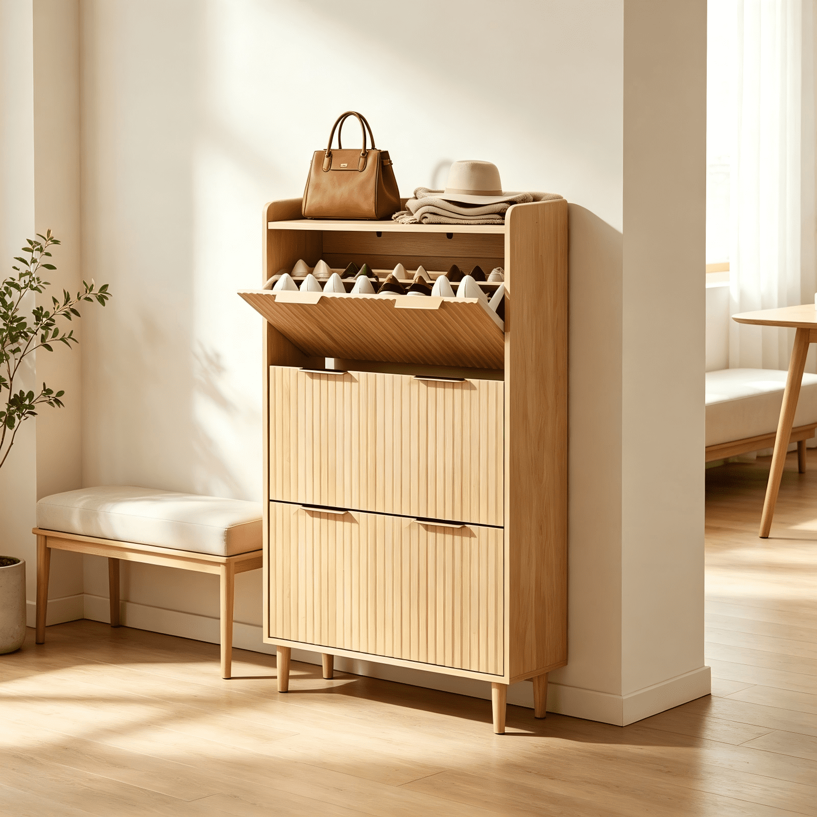 3-Drawer Shoe Cabinet with Top Grille Panel MDF Door Panels with Thermoforming + Champagne Gold Door Seams and Handles + Conical Legs for the Shoe Cabinet, 31.61*14.17*52.95in, Oak