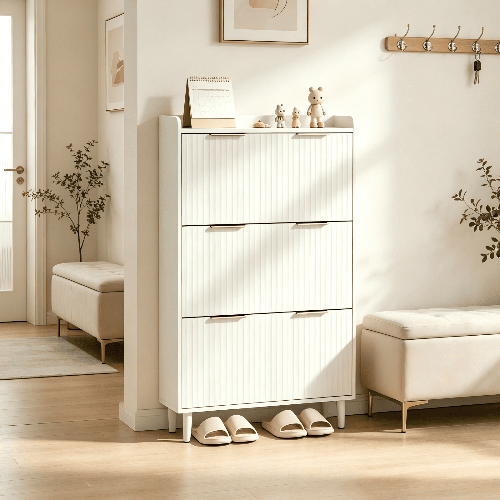 3-Drawer Shoe Cabinet with Top Grille Panel MDF Door Panels with Thermoforming + Champagne Gold Door Seams and Handles + Conical White Legs for the Shoe Cabinet, 31.61*9.45*52.95in, White