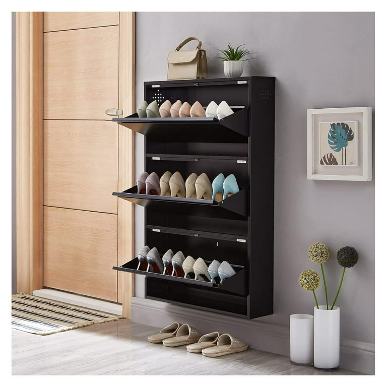 3 Drawer Shoe Storage Cabinet Wall Mounted No Assembly 25 Metal Shoe Cabinet for Entryway Hallway and Corridor Holds 12 Pair Shoes Black Walmart