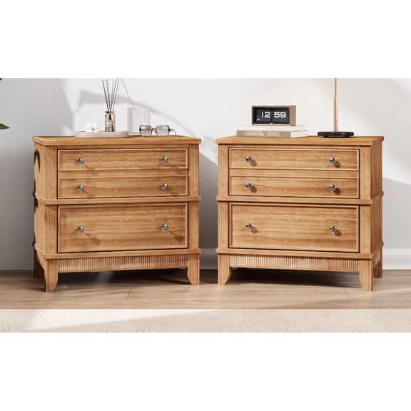 3-Drawer Side Table Set of Two | Ideal for Living Room, Hallway, Entryway | Pine Solids, MDF and Mindi Veneers with Pewter Hardware | Felt-Lined Hidden Space for Valuables