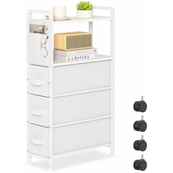 3 Drawer Small Narrow Side End Table for Small Spaces, Slim Nightstand Bedside Sofa Table with Wheels, Space Saving Skinny Thin Couch Desk with Storage Bag for Bedroom Living Room Bathroom,White