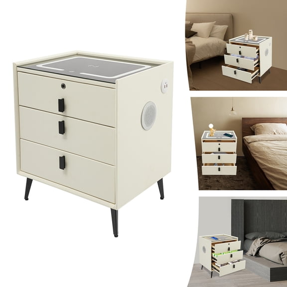 3-Drawer Smart Bedside Cabinet, Fingerprint Lock Nightstand with Wireless Charging & Bluetooth Audio & LED Light for Bedroom Office, Beige White