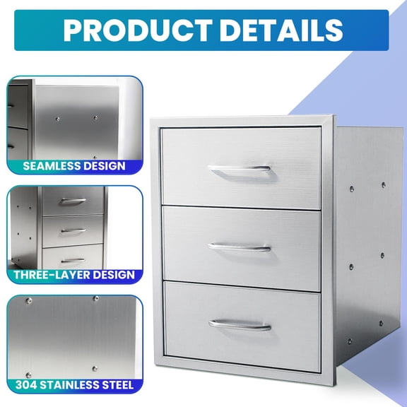 3 Drawer Stainless Steel Kitchen Cabinet, Under Counter Storage Cabinet, 18in W Food Grade Metal Kitchen Cupboard for Home Kitchen, Restaurant & Commercial Catering