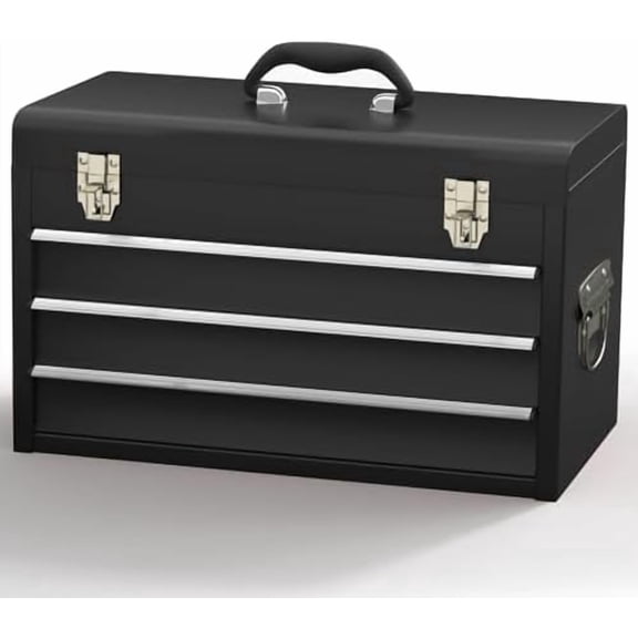 3 Drawer Steel Tool Box, Portable Metal Toolbox with Top Storage Tray and carrying Handle, Multi-Function Tool Storage with Anti-slip Liner for Garage, Home, or Workbench, Black$$Tools