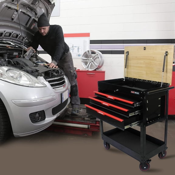 3-Drawer Steel Toolbox with Wheels, Wooden Top & Lockable Drawers for Garage, Warehouse, Workshop - Red