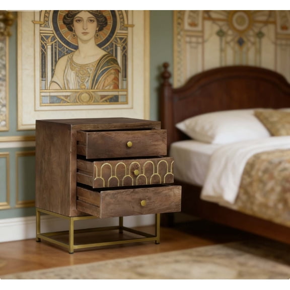 3-Drawer Storage Side Table: Farmhouse Nightstand & Vintage Antique Bedside Table, Solid Mango Wood with Gold Metal Base