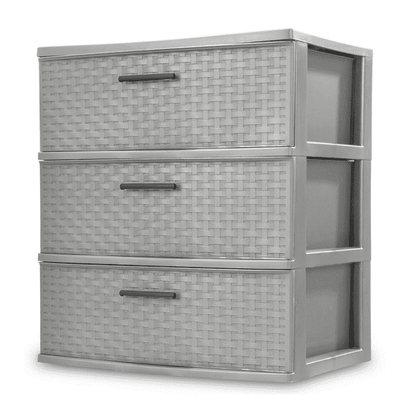3 Drawer Storage Tower, Wide Weave Plastic Organizer, Bedroom Dresser, Living Room Organization, 24 Inch High, Cement Finish