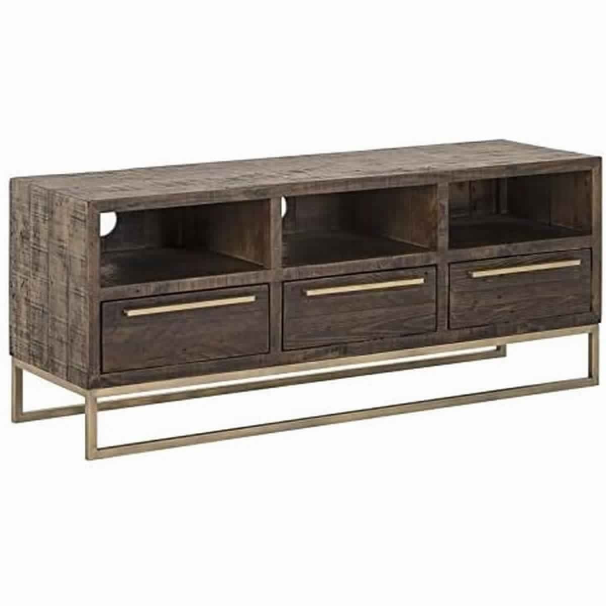 Transitional Reclaimed Pinewood TV Console with Drawers, Brown and Gold
