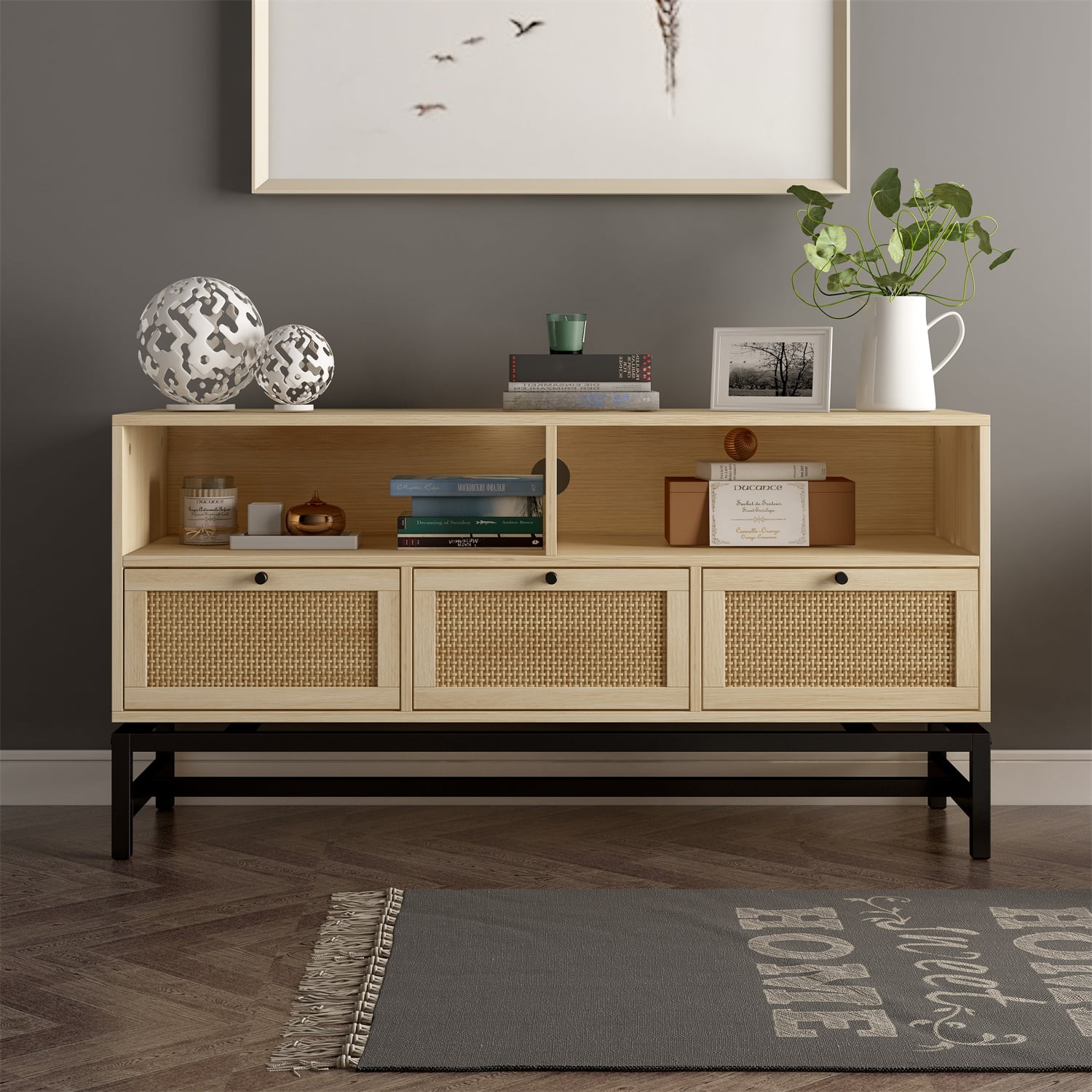 3 Drawer TV Stand with 2 Storage Shelf, Rattan Furniture Console Table with Metal Bracket