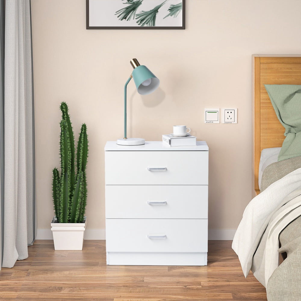 3-Drawer Tall Cabinet Particleboard Bedside Table with Textured Melamine Finish, White