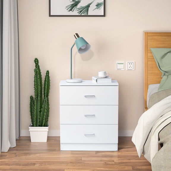 3-Drawer Tall Cabinet Particleboard Bedside Table with Textured Melamine Finish, White