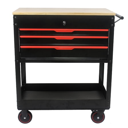 3-Drawer Tool Cart with Wooden Top, Multifunctional Rolling Tool Trolley with Wheels for Mechanics, Warehouse & Garage