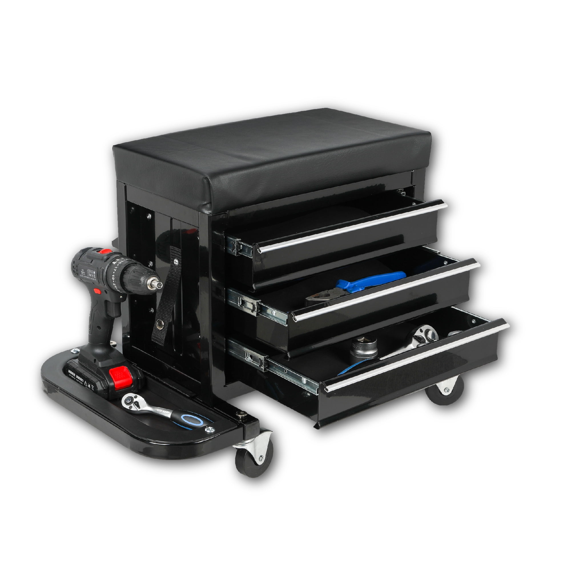 3 Drawer Tool Chest Rolling Mechanic Seat with Tool Trays, 350 lbs Max Weight Capacity, Metal Tool Cart for Garage Workshop,Black