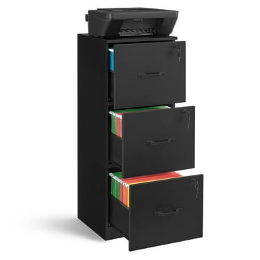 File Cabinet, Printer Stand with 3 Lockable Drawers, Adjustable Hanging Rails, For Folders,Ink Black