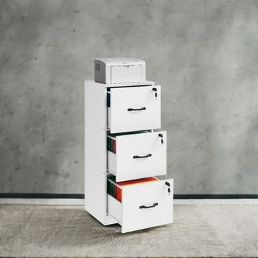 File Cabinet, Printer Stand with 3 Lockable Drawers, Adjustable Hanging Rails, Cloud White