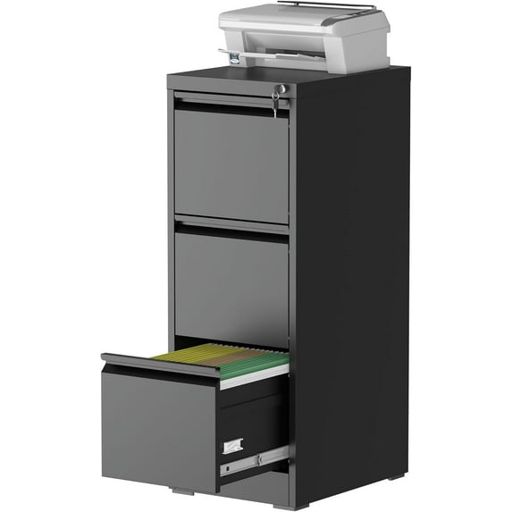 3 Drawer Vertical File Cabinet with Lock, Metal Filing Cabinets for Home Office, Heavy Duty File Storage Cabinet for Legal/Letter/A4 Documents, Easy to Assemble, Black
