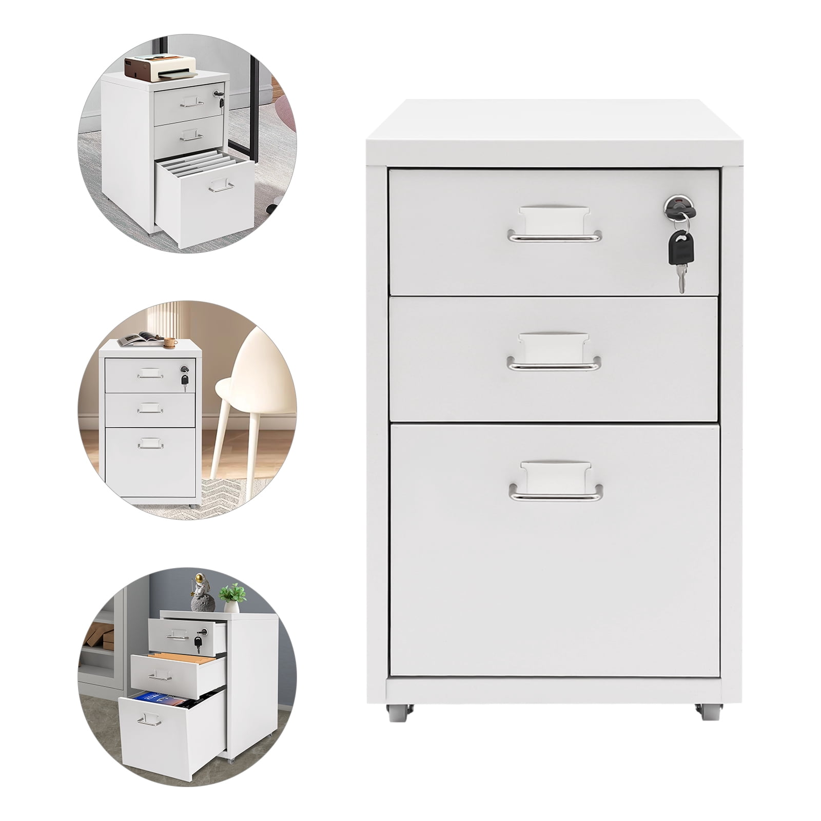 3 Drawer Vertical File Cabinet Lockable Metal Mobile File Cabinet White office