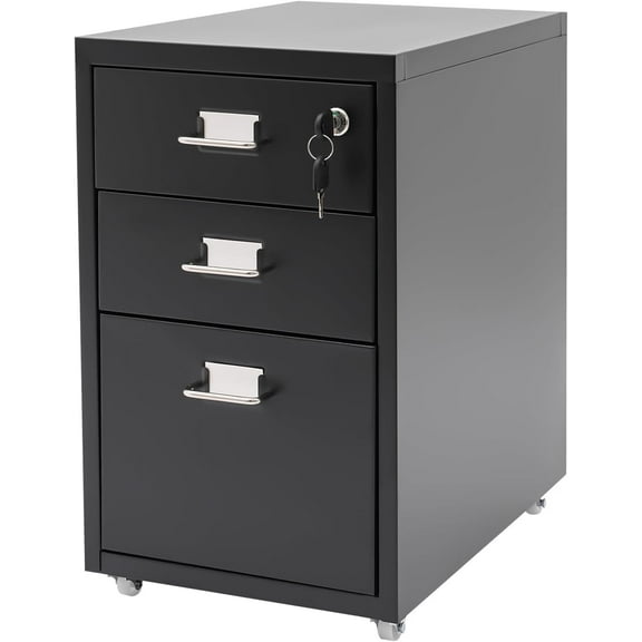 3-Drawer Vertical File Cabinet - Metal Mobile File Cabinet with Lock and Wheels - Under Desk Metal Filing Cabinet for Legal/Letter/A4 File - Fully Assembled - Home/Office Storage Cabinet (Black)