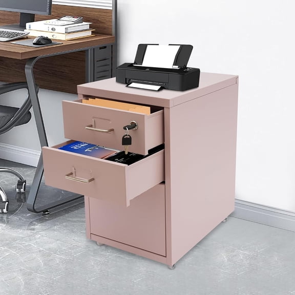 3 Drawer File Cabinet, Vertical Filing Cabinet for Home Office Metal Rolling File Cabinets with Lock and Wheels Lockable File Organizer Cabinet for Files Storage