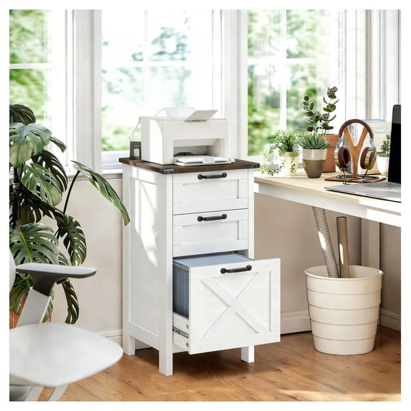 3-Drawer Vertical File Cabinet, Rustic Farmhouse Office Storage, A4/Letter Size, Distressed White
