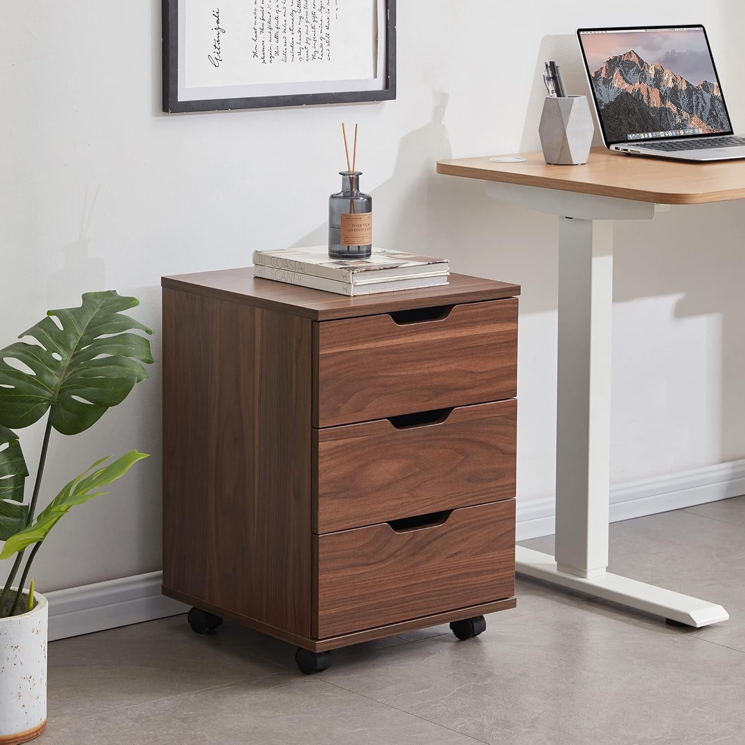 3-Drawer Vertical Filing Cabinet Rolling Wood Mobile File Cabinets Under Desk for Home Office with Casters (Brown Walnut, Non-Assembled)