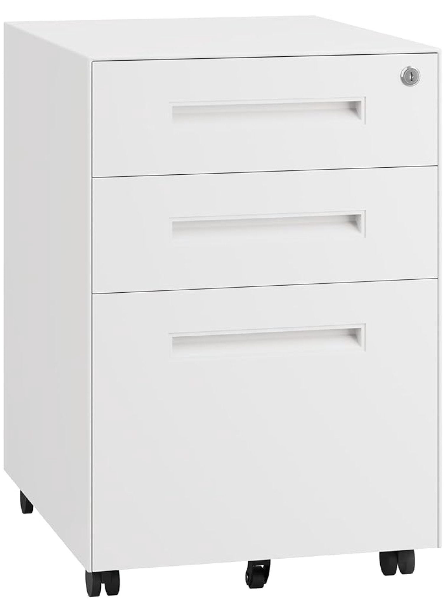 3 Drawer White File Cabinet, Mobile Under Desk Storage File Cabinet with Lock on Wheels, Fully Assembled, Letter/Legal Size, Small Short Vertical Metal Rolling Filing Cabinets for Home Office