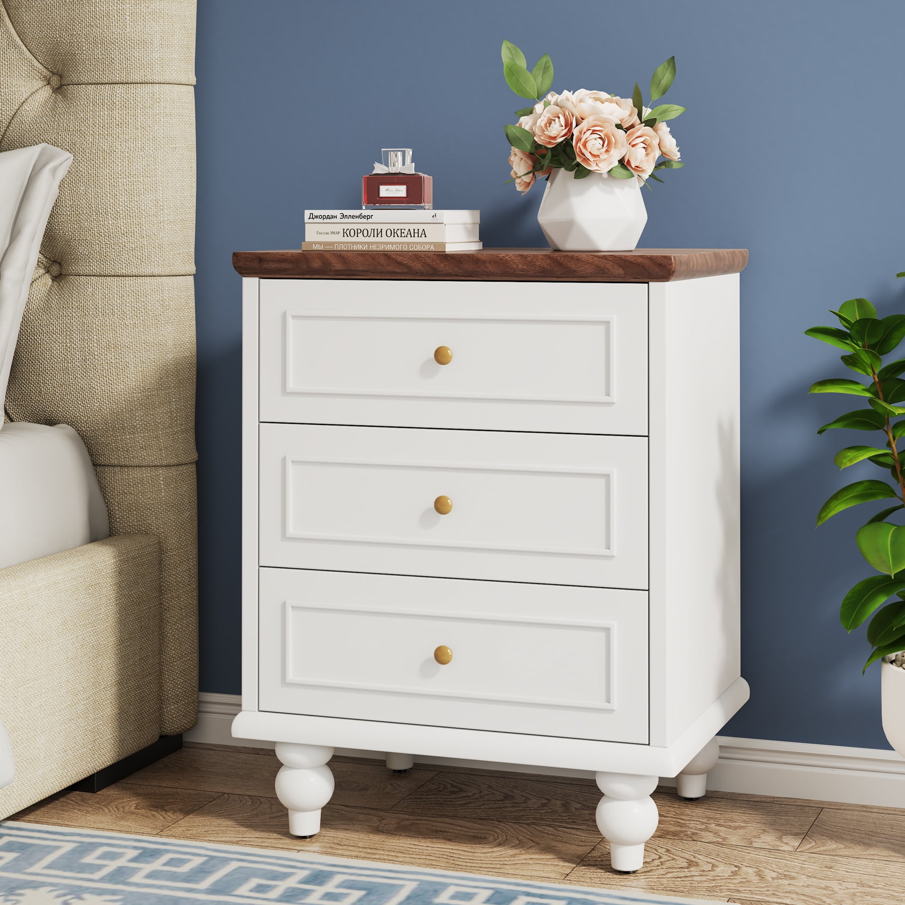 3Drawer White Nightstand Bedside Table with Solid Wood Legs