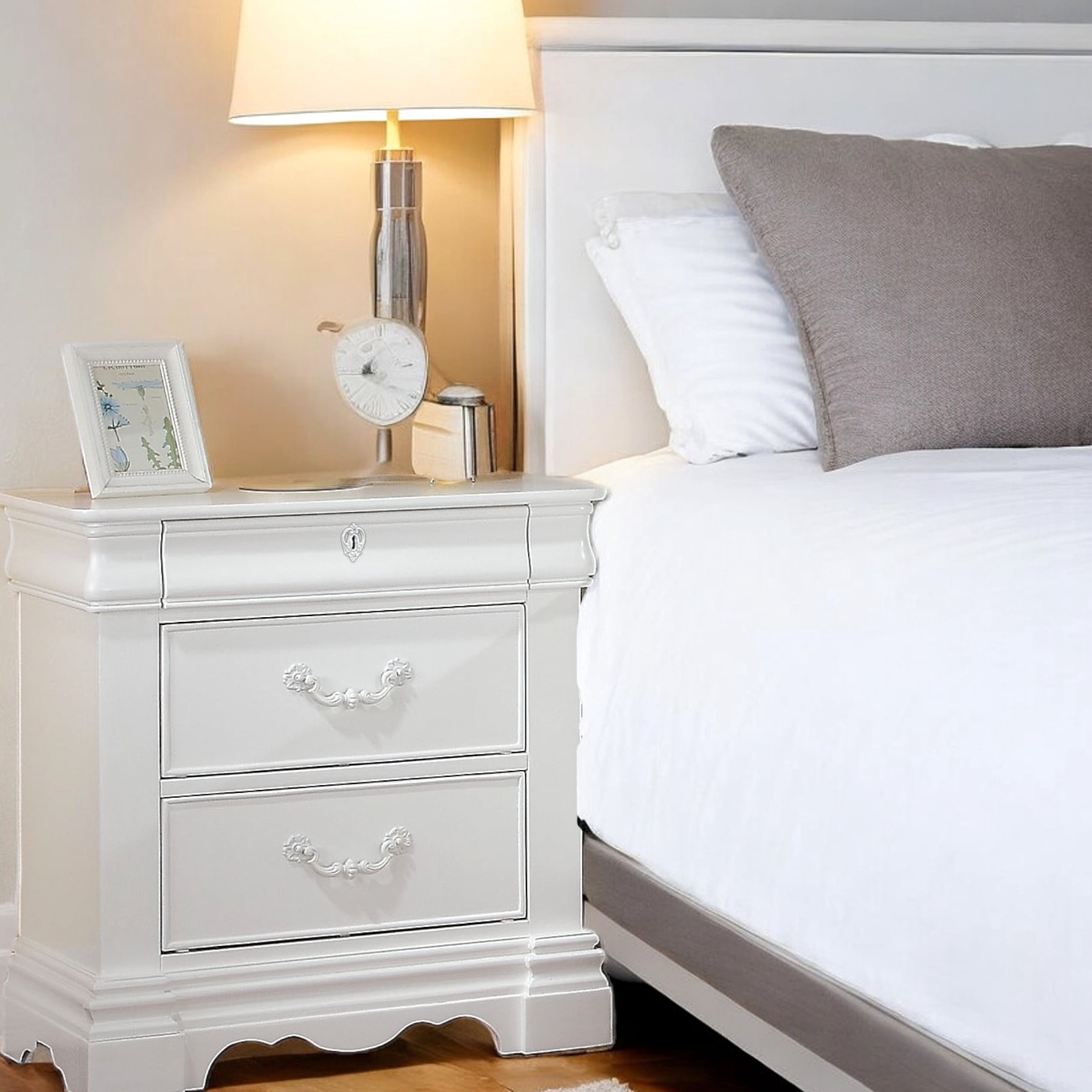 3 Drawer White Nightstand - English Back Pine Wood Hidden Feature 3 In ...