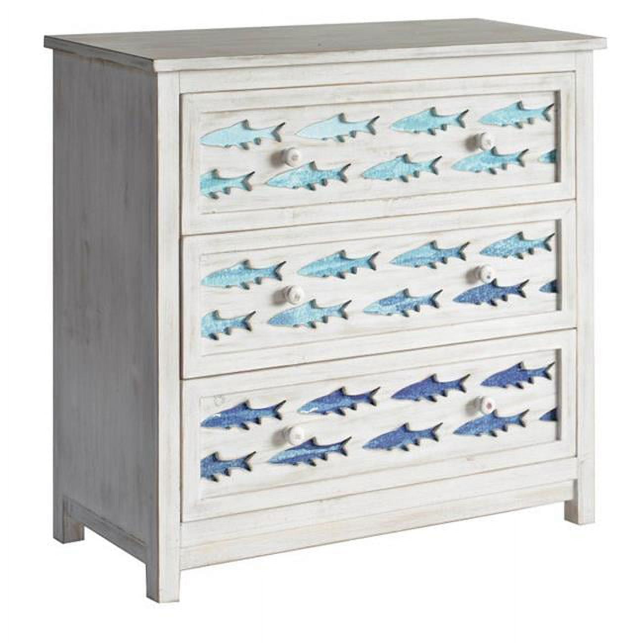 White Washed Fir Wood Coastal 3-Drawer Chest with Blue Fish