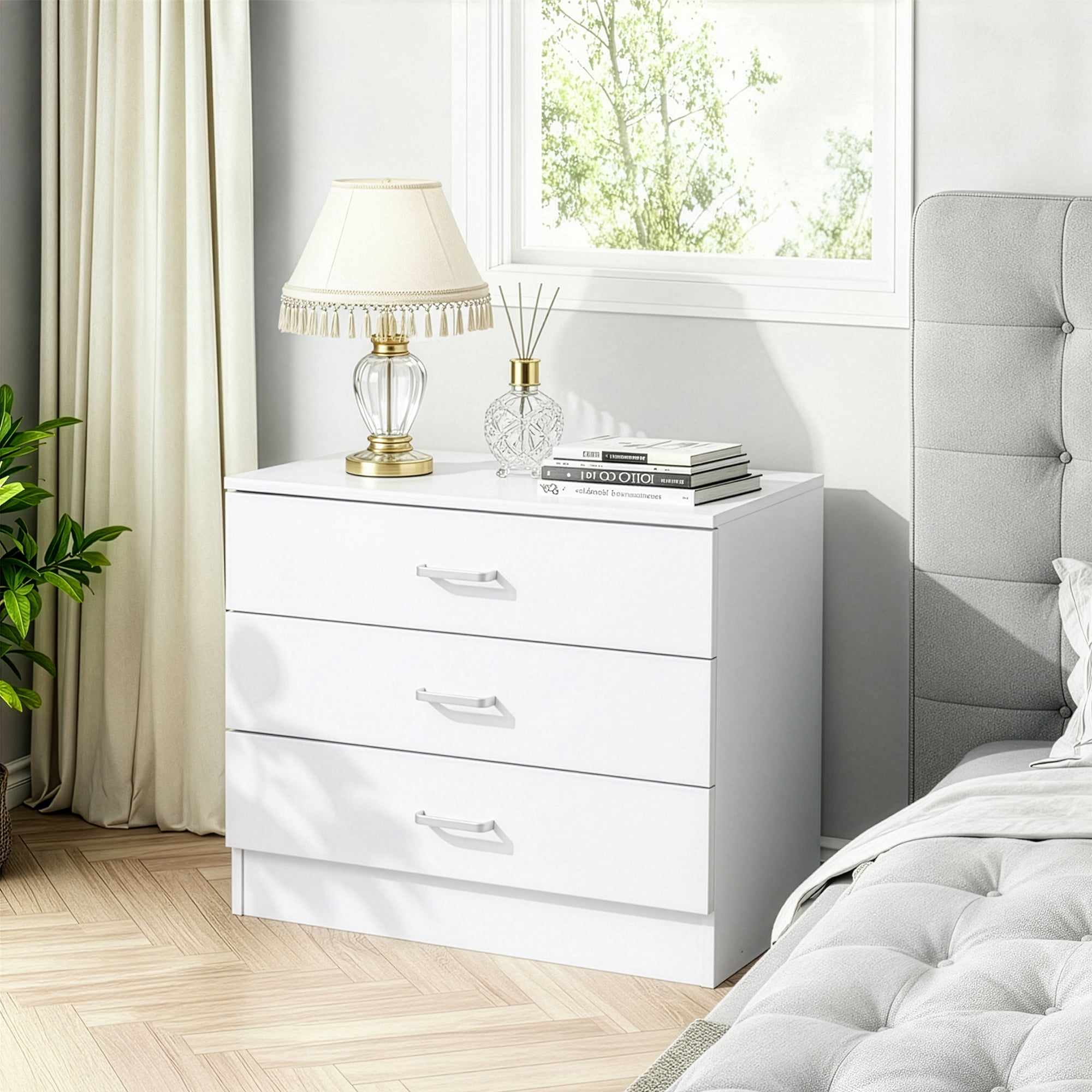3-Drawer Wide Drawer Cabinet Particleboard Bedside Table with Textured Melamine Finish, 25.98*12.99*22.05in White