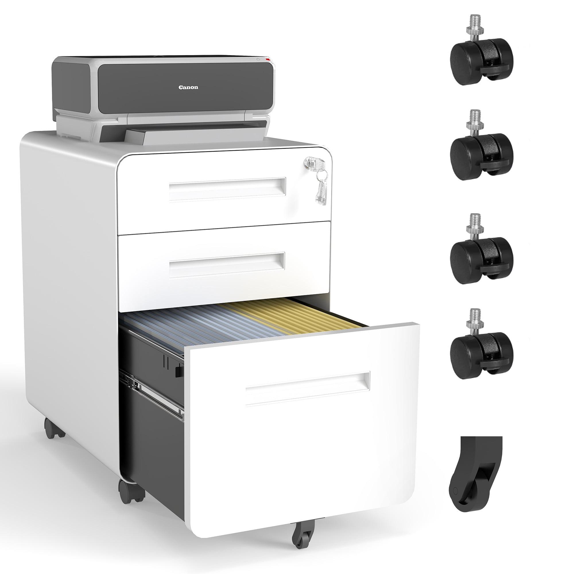 3-Drawer Wide Mobile File Cabinet with Lock, All-Steel Metal Storage Cabinet on Casters, for Home & Office,White, Fully Assembled, Holds A4/Letter Files, 110lbs/Drawer