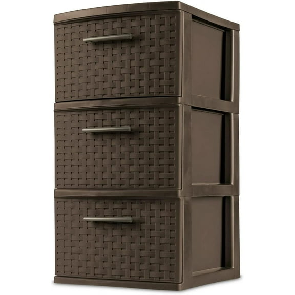 3-Drawer Wide Weave Design Storage Tower, Espresso Frame & Drawers w/Driftwood Handles, Brown, Case of 1 (Espresso)