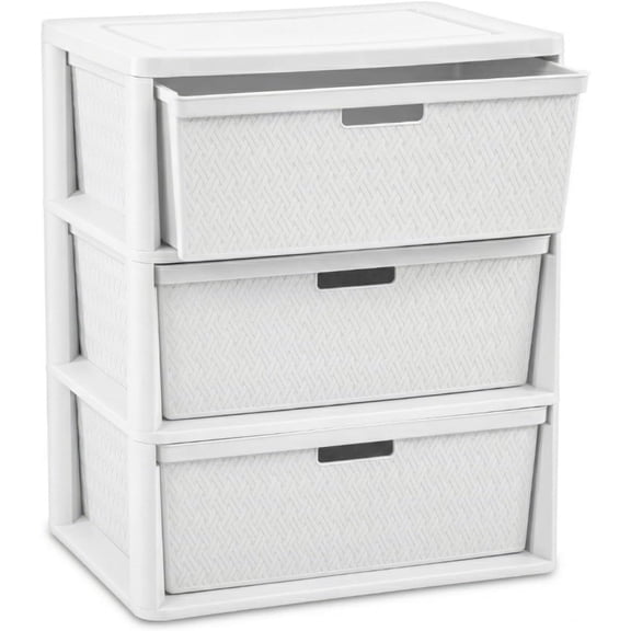 3 Drawer Wide Weave Storage Tower for Living Room, Plastic, Gray, Modern Style with Easy-Pull Handles and Integrated Drawer Stops