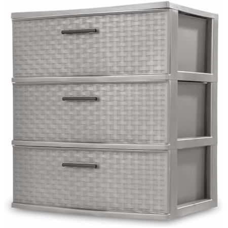Gray Storage Drawer, 3 Drawer Plastic Weave Wide Tower with Pull Handles$$Home Decor, Kitchen, & Other