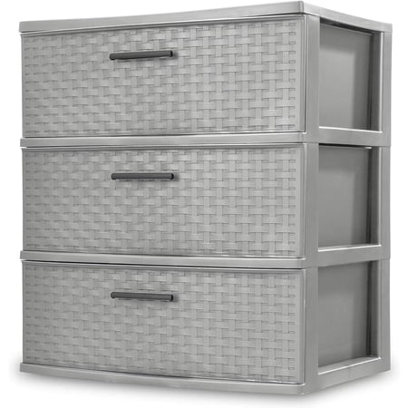 3 Drawer Wide Weave Tower Plastic, Cement - Design Storage Tower with pull handles, Organizer Unit for Bedroom, Closet, Entryway, Hallway, Nursery Room, Storage bins